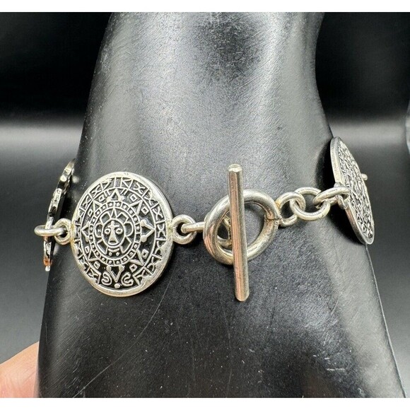 Artisan Mayan Aztec Link Bracelet Sterling 925 Mexico Signed 7 1/4" Enamel - Picture 6 of 10